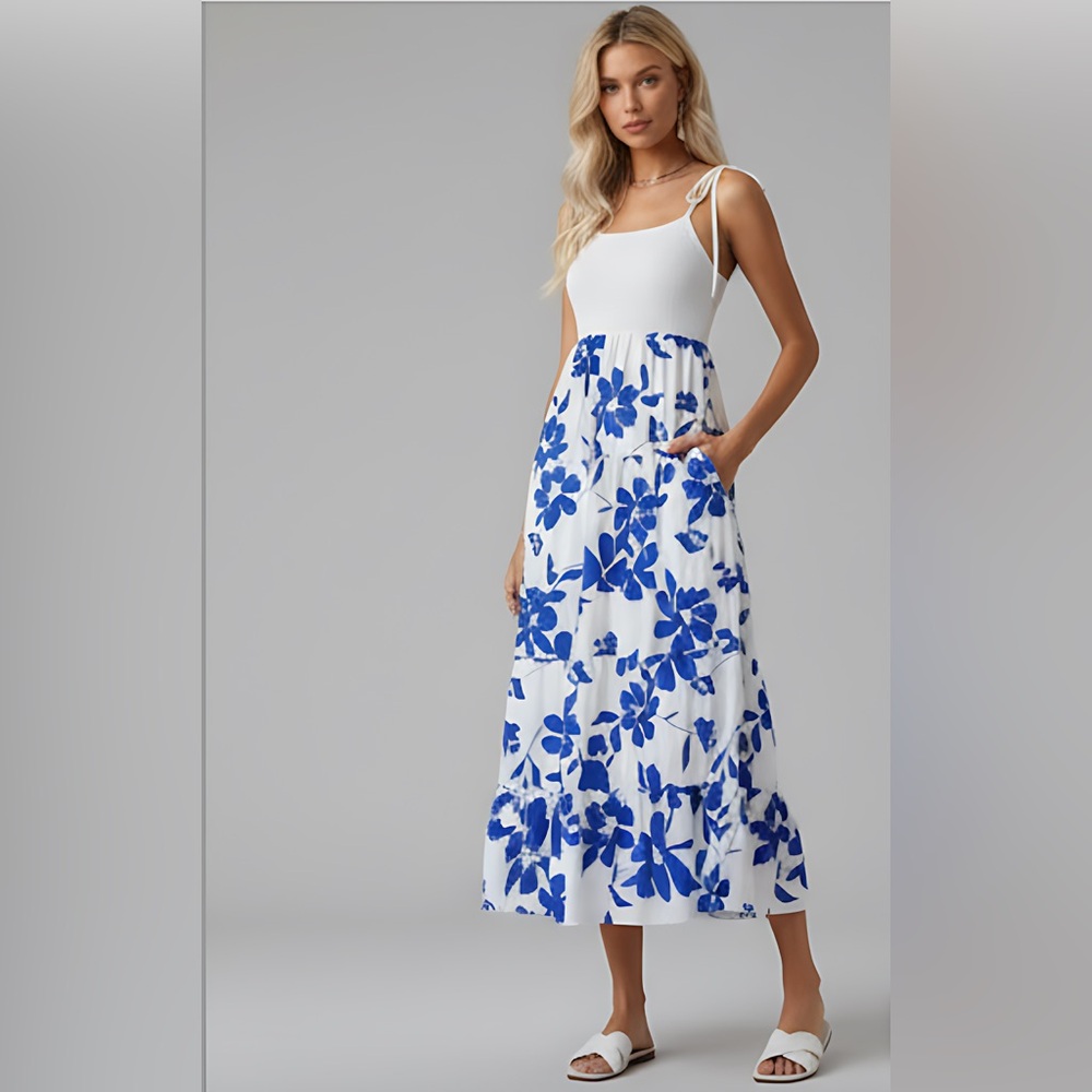 Blue Floral Print Tie Shoulder Cami Dress